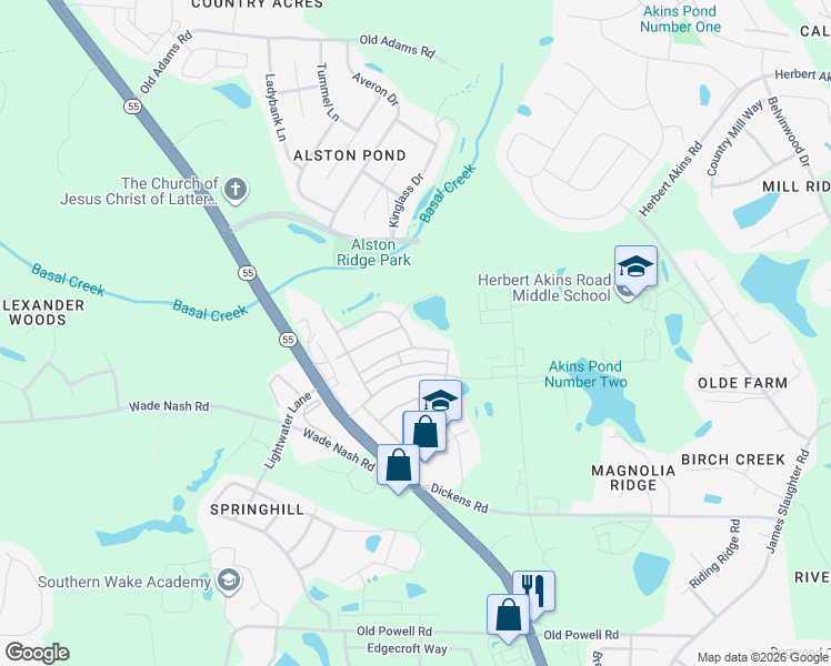 map of restaurants, bars, coffee shops, grocery stores, and more near Sugar Cone Way in Wake County