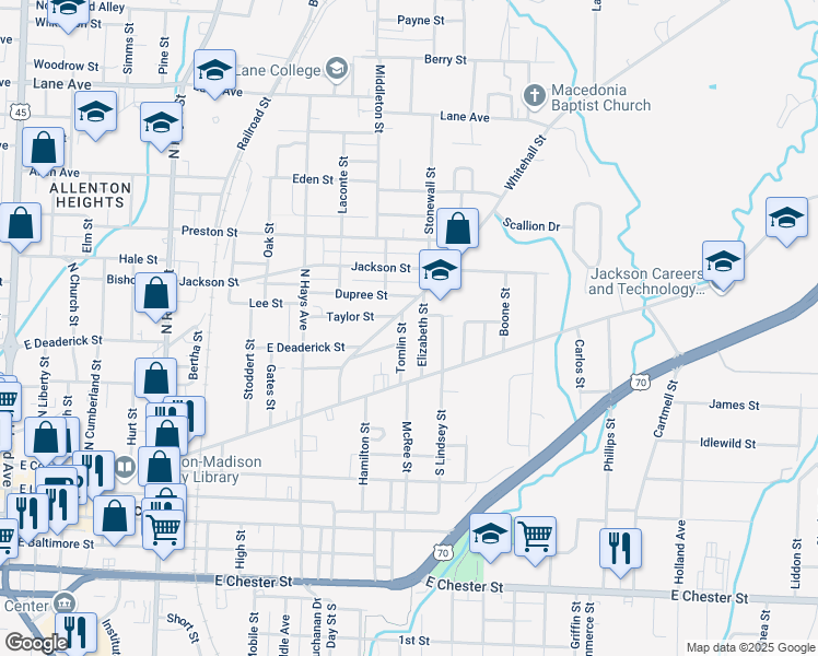 map of restaurants, bars, coffee shops, grocery stores, and more near 142 Elizabeth Street in Jackson