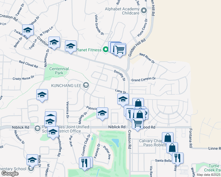 map of restaurants, bars, coffee shops, grocery stores, and more near Lana Street in Paso Robles