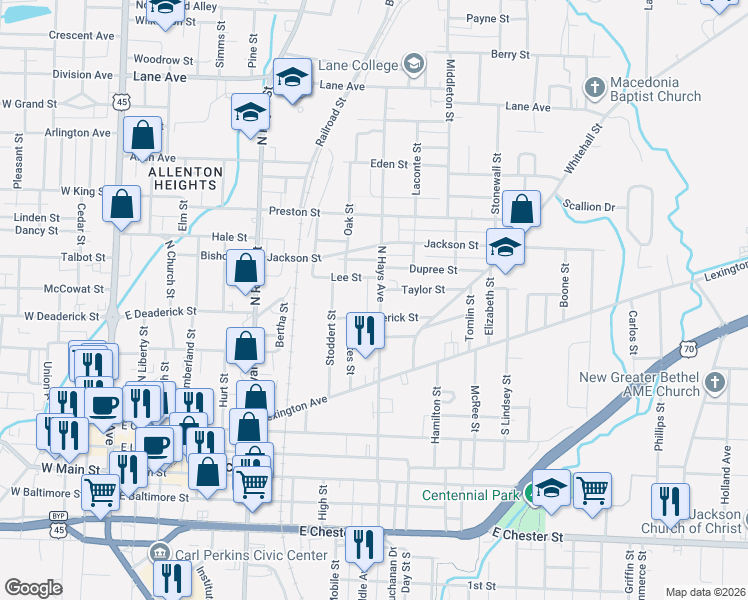 map of restaurants, bars, coffee shops, grocery stores, and more near 524 North Hays Avenue in Jackson