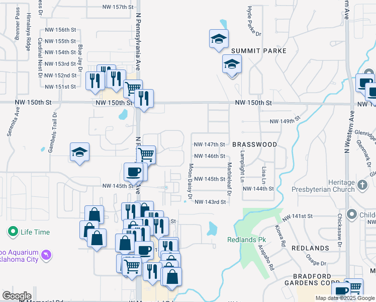 map of restaurants, bars, coffee shops, grocery stores, and more near 1828 Northwest 147th Street in Edmond