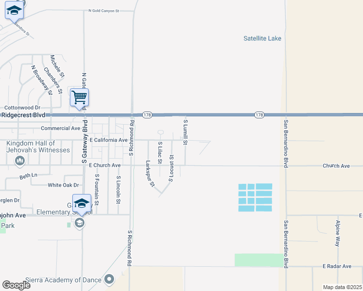 map of restaurants, bars, coffee shops, grocery stores, and more near 201 South Lumill Street in Ridgecrest