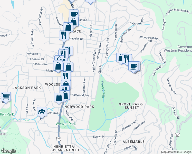 map of restaurants, bars, coffee shops, grocery stores, and more near 240 Kimberly Avenue in Asheville