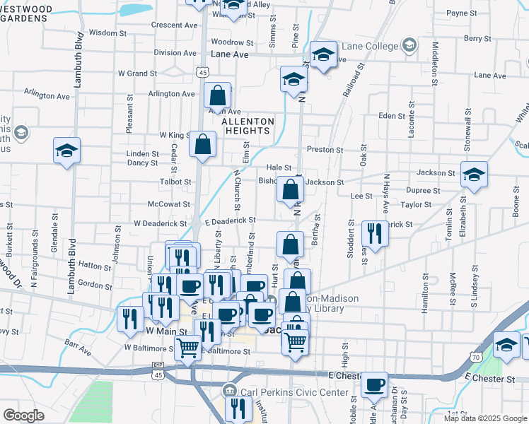 map of restaurants, bars, coffee shops, grocery stores, and more near 119 Prince Edward Street in Jackson