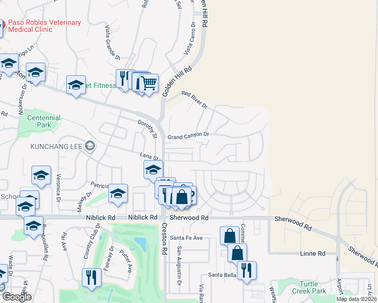 map of restaurants, bars, coffee shops, grocery stores, and more near 225 Honeysuckle Lane in Paso Robles