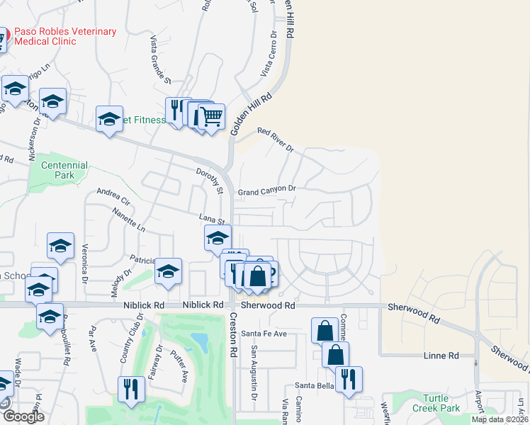 map of restaurants, bars, coffee shops, grocery stores, and more near 225 Honeysuckle Lane in Paso Robles