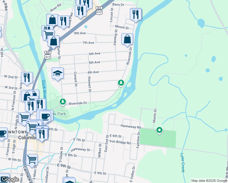 map of restaurants, bars, coffee shops, grocery stores, and more near 408 2nd Avenue in Columbia