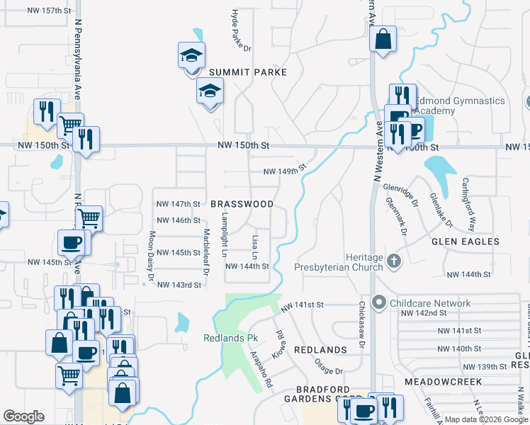 map of restaurants, bars, coffee shops, grocery stores, and more near 14716 Brasswood Boulevard in Edmond