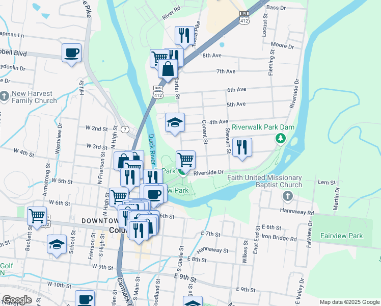 map of restaurants, bars, coffee shops, grocery stores, and more near 2ND East 13th Street in Columbia