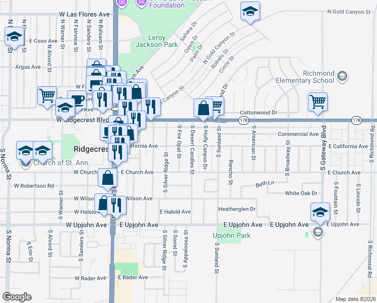 map of restaurants, bars, coffee shops, grocery stores, and more near 401 East California Avenue in Ridgecrest