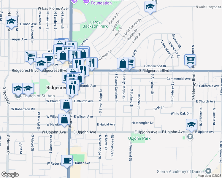 map of restaurants, bars, coffee shops, grocery stores, and more near 201 South Fire Opal Street in Ridgecrest