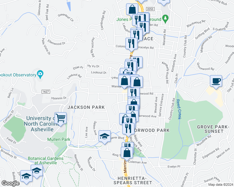 map of restaurants, bars, coffee shops, grocery stores, and more near Edgewood Road in Asheville