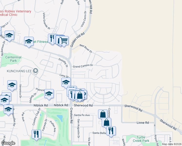 map of restaurants, bars, coffee shops, grocery stores, and more near 1314 Fire Thorn Lane in Paso Robles