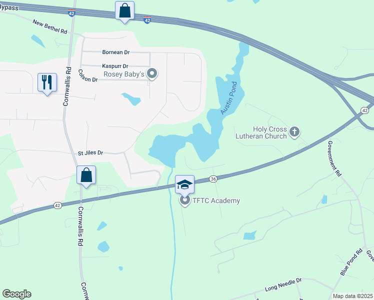 map of restaurants, bars, coffee shops, grocery stores, and more near 194 West Alex Drive in Clayton
