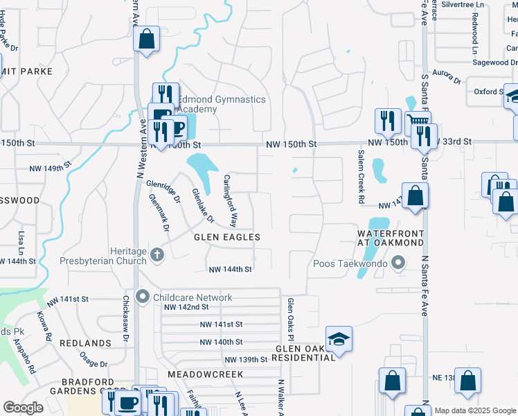 map of restaurants, bars, coffee shops, grocery stores, and more near 14800 Longford Way in Edmond