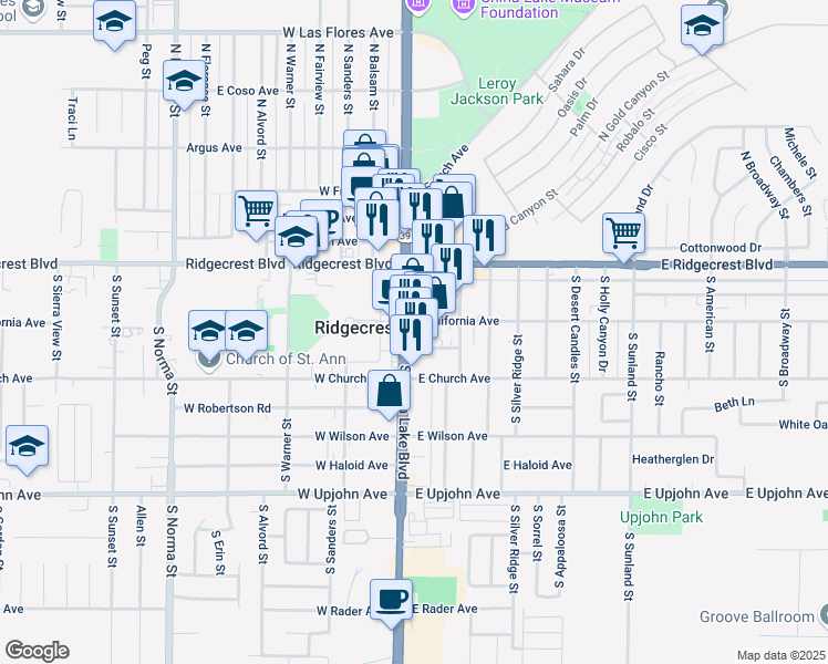 map of restaurants, bars, coffee shops, grocery stores, and more near 111 East California Avenue in Ridgecrest