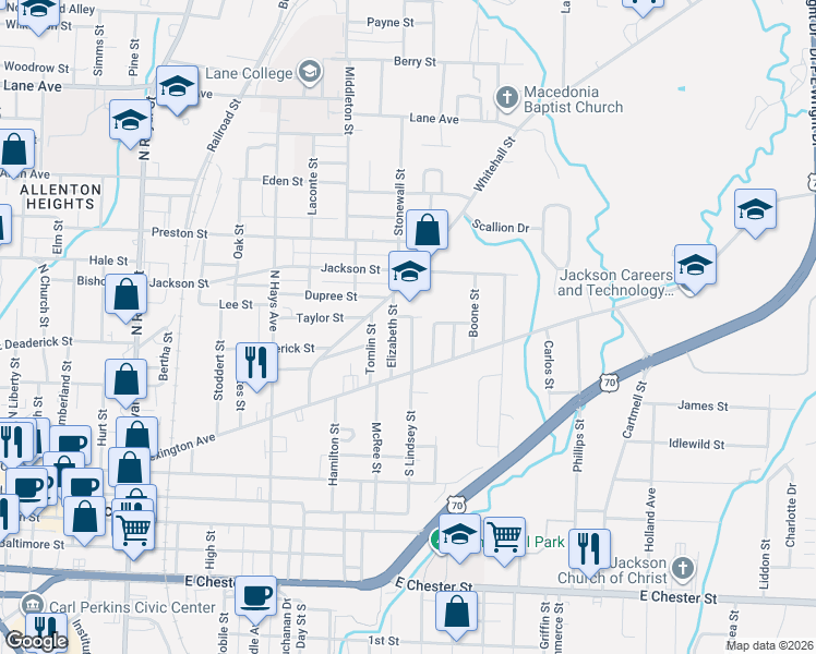 map of restaurants, bars, coffee shops, grocery stores, and more near 142 Elizabeth Street in Jackson