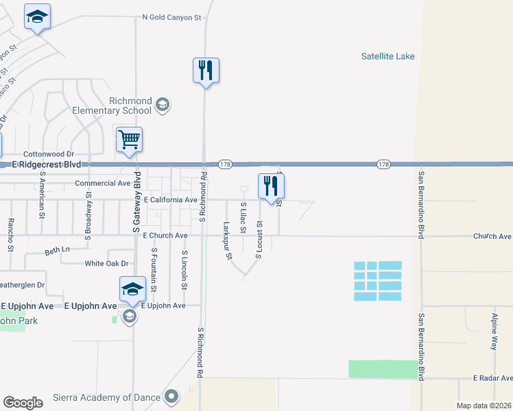 map of restaurants, bars, coffee shops, grocery stores, and more near 200 South Lilac Street in Ridgecrest
