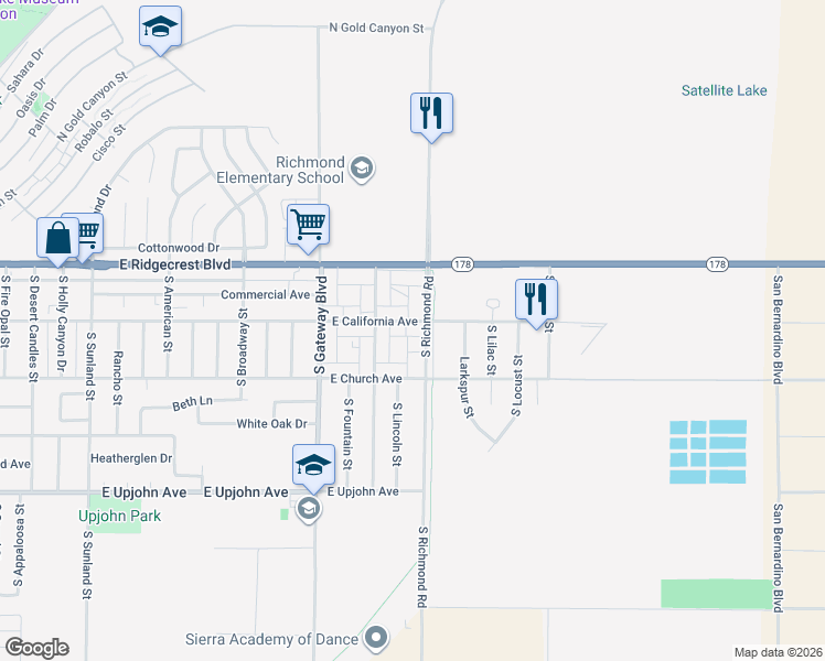 map of restaurants, bars, coffee shops, grocery stores, and more near 137 South Richmond Road in Ridgecrest
