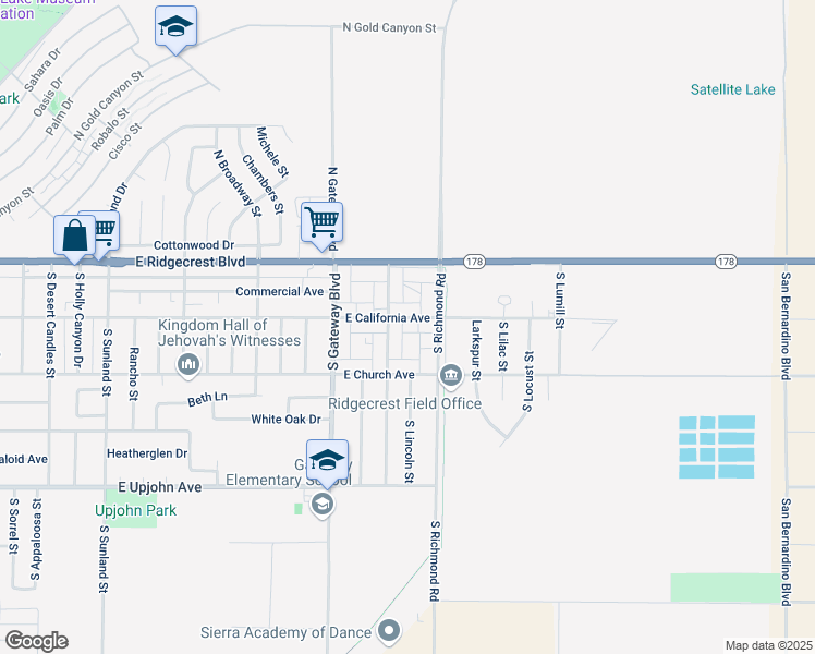map of restaurants, bars, coffee shops, grocery stores, and more near 206 South Valley Street in Ridgecrest