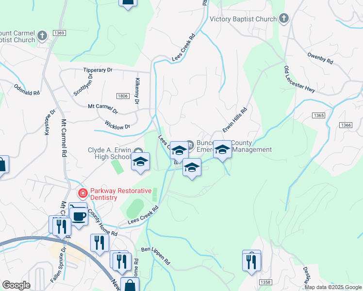 map of restaurants, bars, coffee shops, grocery stores, and more near 65 Lees Creek Road in Asheville