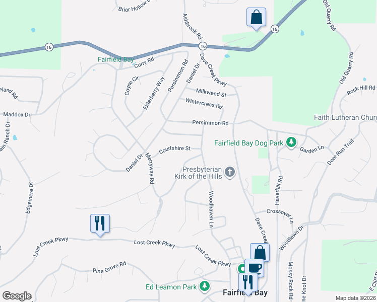 map of restaurants, bars, coffee shops, grocery stores, and more near 107 Courtshire Street in Fairfield Bay
