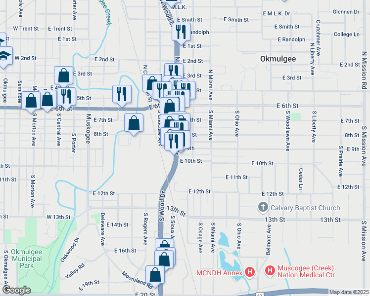 map of restaurants, bars, coffee shops, grocery stores, and more near 1013 East 9th in Okmulgee