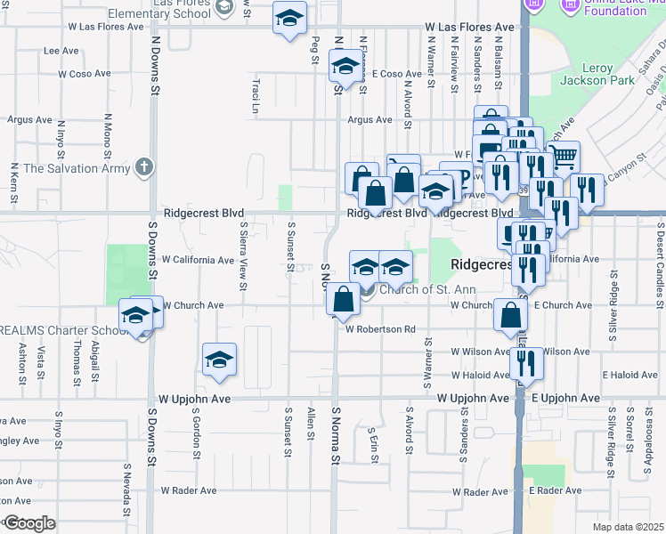 map of restaurants, bars, coffee shops, grocery stores, and more near 216 South Norma Street in Ridgecrest