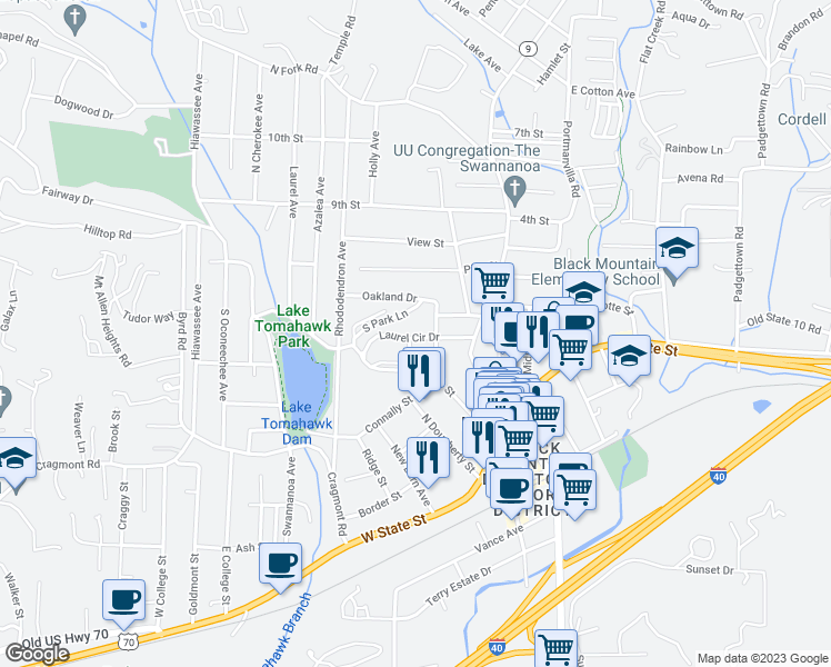 map of restaurants, bars, coffee shops, grocery stores, and more near 204 Laurel Circle Drive in Black Mountain