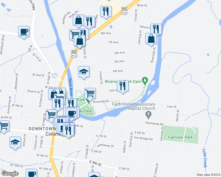 map of restaurants, bars, coffee shops, grocery stores, and more near 209 2nd Avenue in Columbia