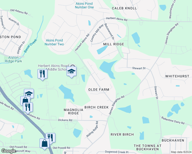 map of restaurants, bars, coffee shops, grocery stores, and more near 2149 Mills Crest Street in Fuquay-Varina
