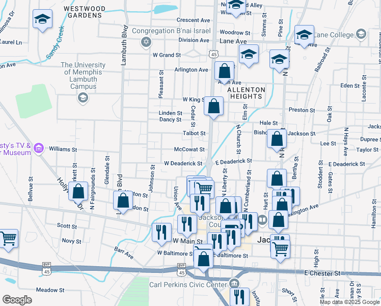 map of restaurants, bars, coffee shops, grocery stores, and more near 138 McCowat Street in Jackson