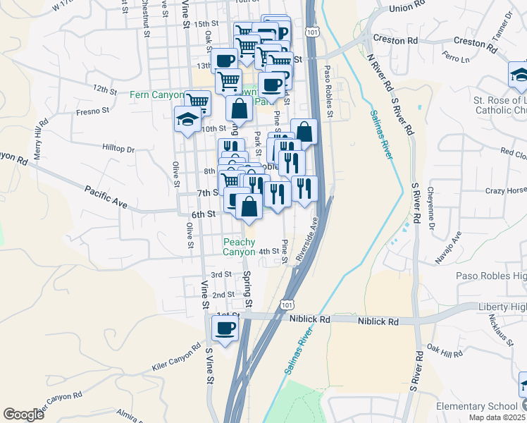 map of restaurants, bars, coffee shops, grocery stores, and more near in Paso Robles
