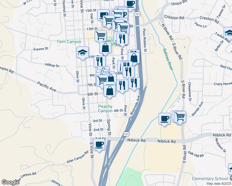 map of restaurants, bars, coffee shops, grocery stores, and more near in Paso Robles