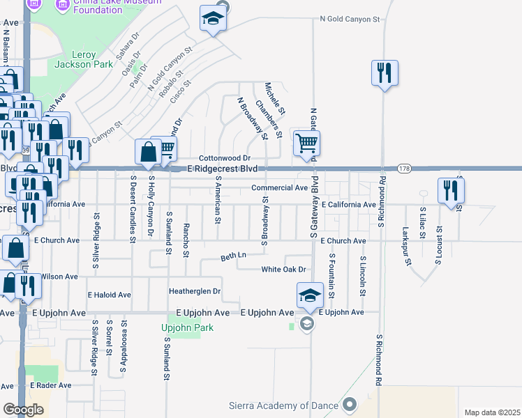 map of restaurants, bars, coffee shops, grocery stores, and more near 723 East California Avenue in Ridgecrest