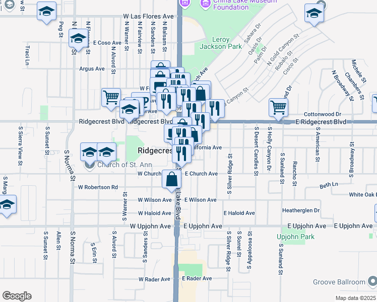 map of restaurants, bars, coffee shops, grocery stores, and more near 111 East California Avenue in Ridgecrest