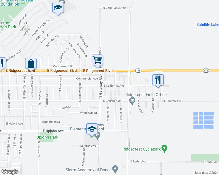 map of restaurants, bars, coffee shops, grocery stores, and more near 927 East California Avenue in Ridgecrest