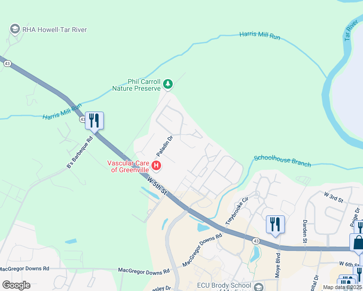 map of restaurants, bars, coffee shops, grocery stores, and more near 2515 Bluff View Court in Greenville