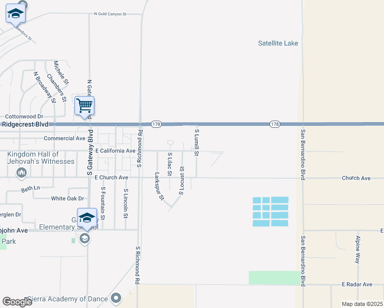map of restaurants, bars, coffee shops, grocery stores, and more near 201 South Lumill Street in Ridgecrest