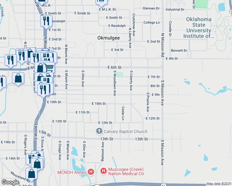 map of restaurants, bars, coffee shops, grocery stores, and more near 1501 East 9th in Okmulgee