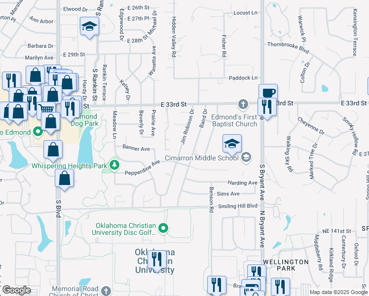 map of restaurants, bars, coffee shops, grocery stores, and more near 3516 Jim Robison Dr in Edmond