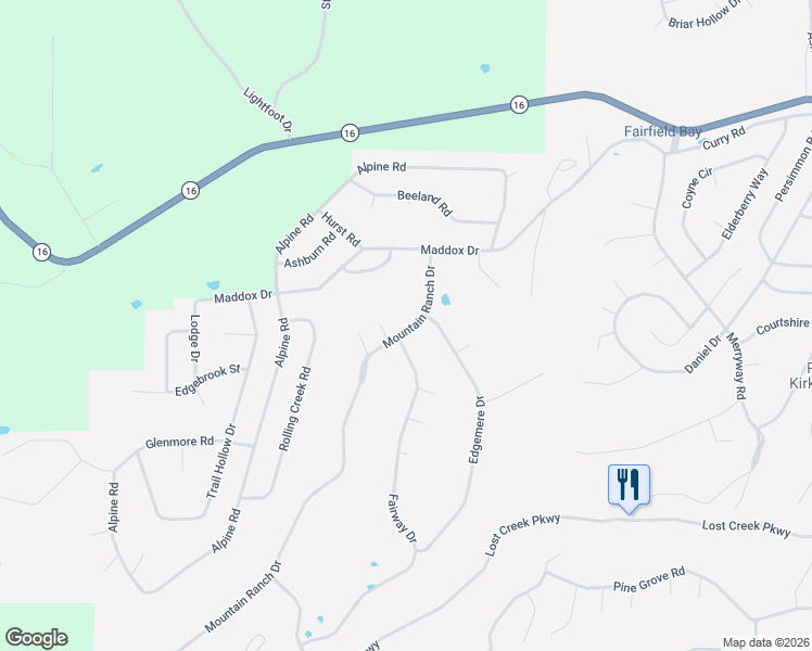 map of restaurants, bars, coffee shops, grocery stores, and more near 126 Mountain Ranch Drive in Fairfield Bay