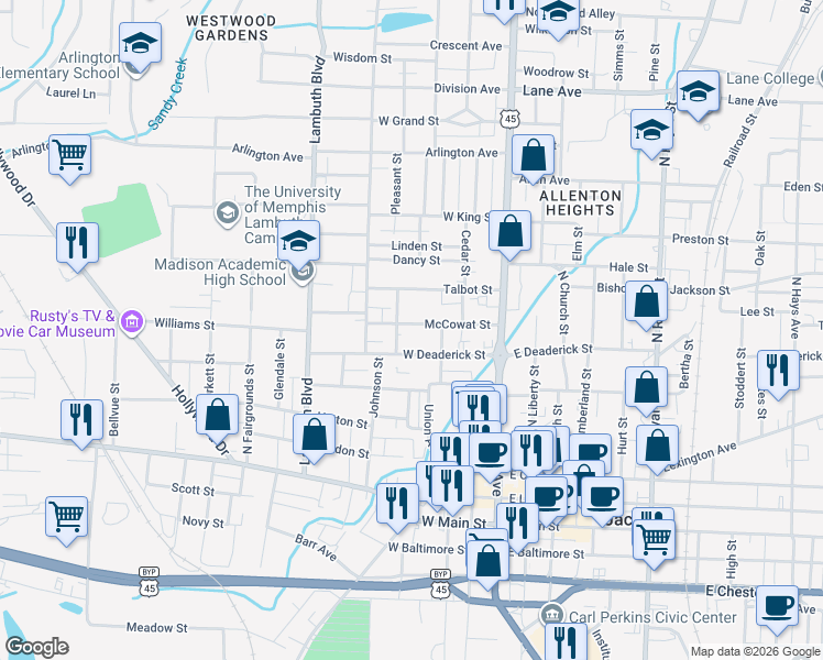 map of restaurants, bars, coffee shops, grocery stores, and more near 259 East Deaderick Street in Jackson