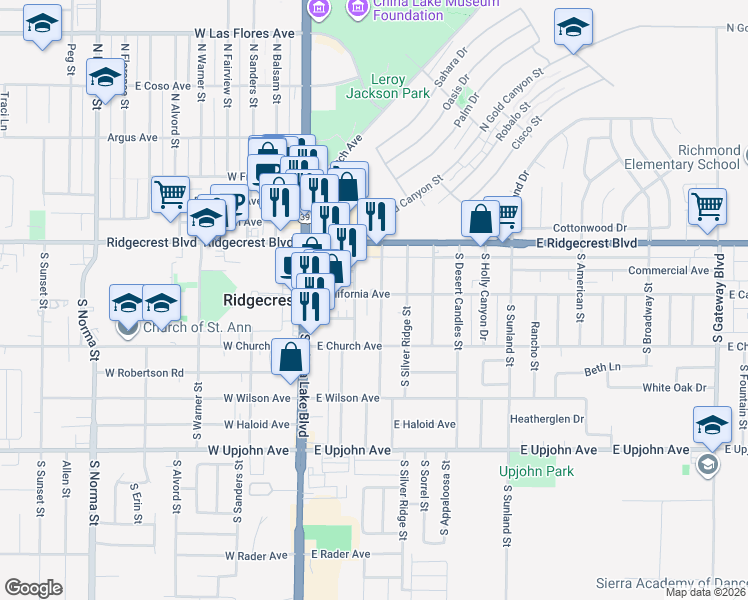 map of restaurants, bars, coffee shops, grocery stores, and more near 215 East California Avenue in Ridgecrest