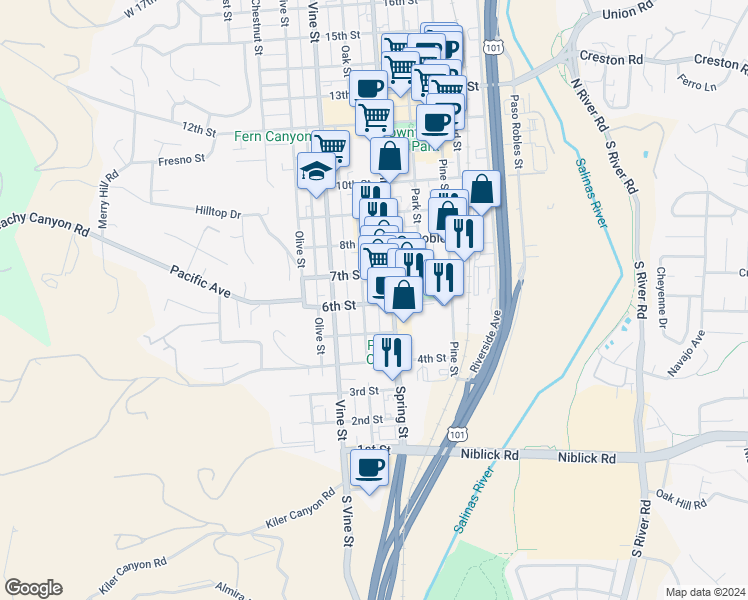 map of restaurants, bars, coffee shops, grocery stores, and more near 623 6th Street in Paso Robles
