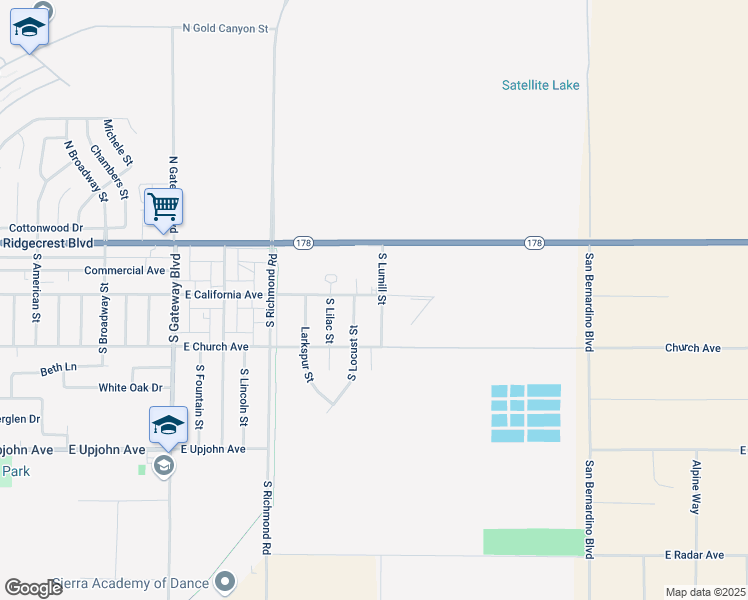 map of restaurants, bars, coffee shops, grocery stores, and more near 201 South Lumill Street in Ridgecrest