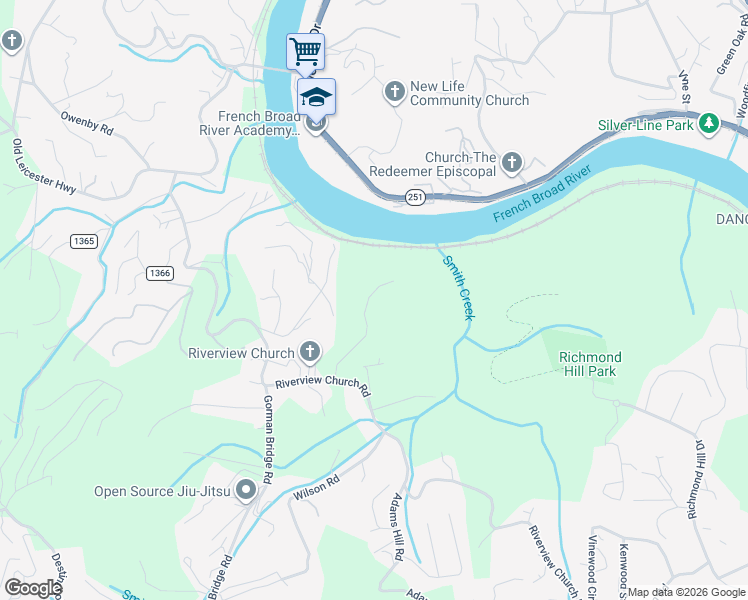 map of restaurants, bars, coffee shops, grocery stores, and more near 655 Riverview Church Road in Asheville