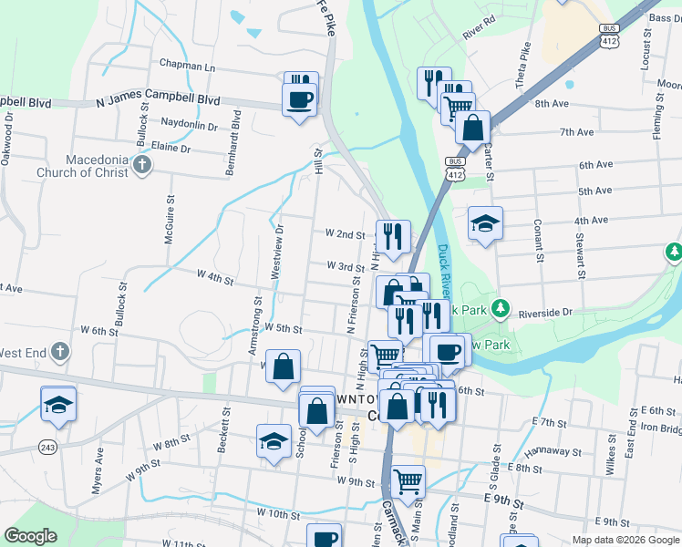 map of restaurants, bars, coffee shops, grocery stores, and more near 405 North Frierson Street in Columbia