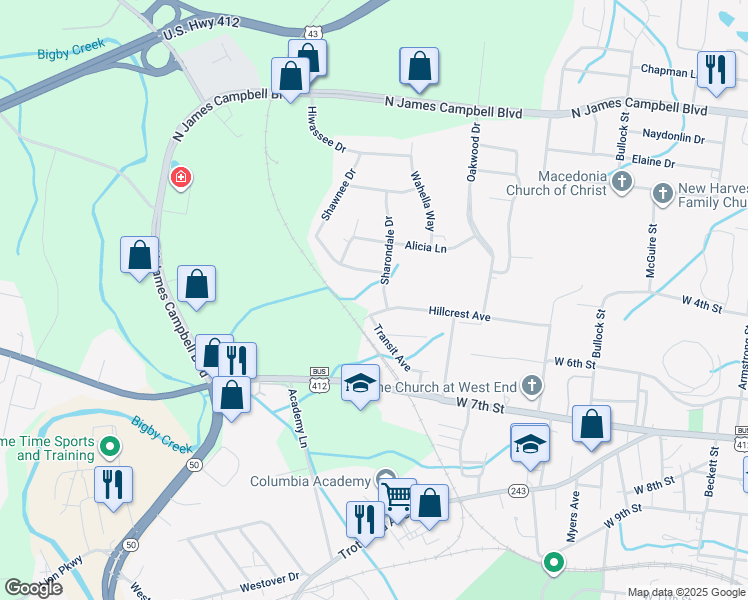 map of restaurants, bars, coffee shops, grocery stores, and more near 517-519 Sharondale Drive in Columbia