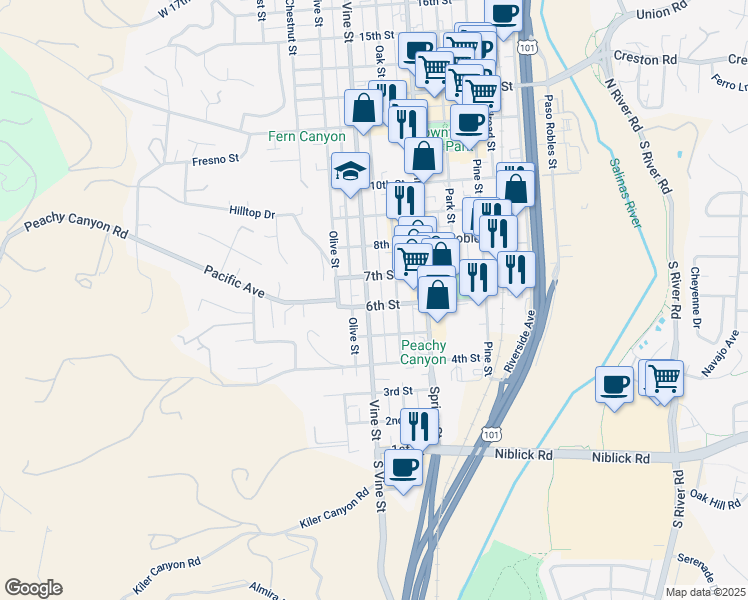 map of restaurants, bars, coffee shops, grocery stores, and more near 511 6th Street in Paso Robles